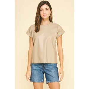 Pinch PU Faux Leather Cap Sleeve Top Taupe Blouse 6517T Womens Medium NWT